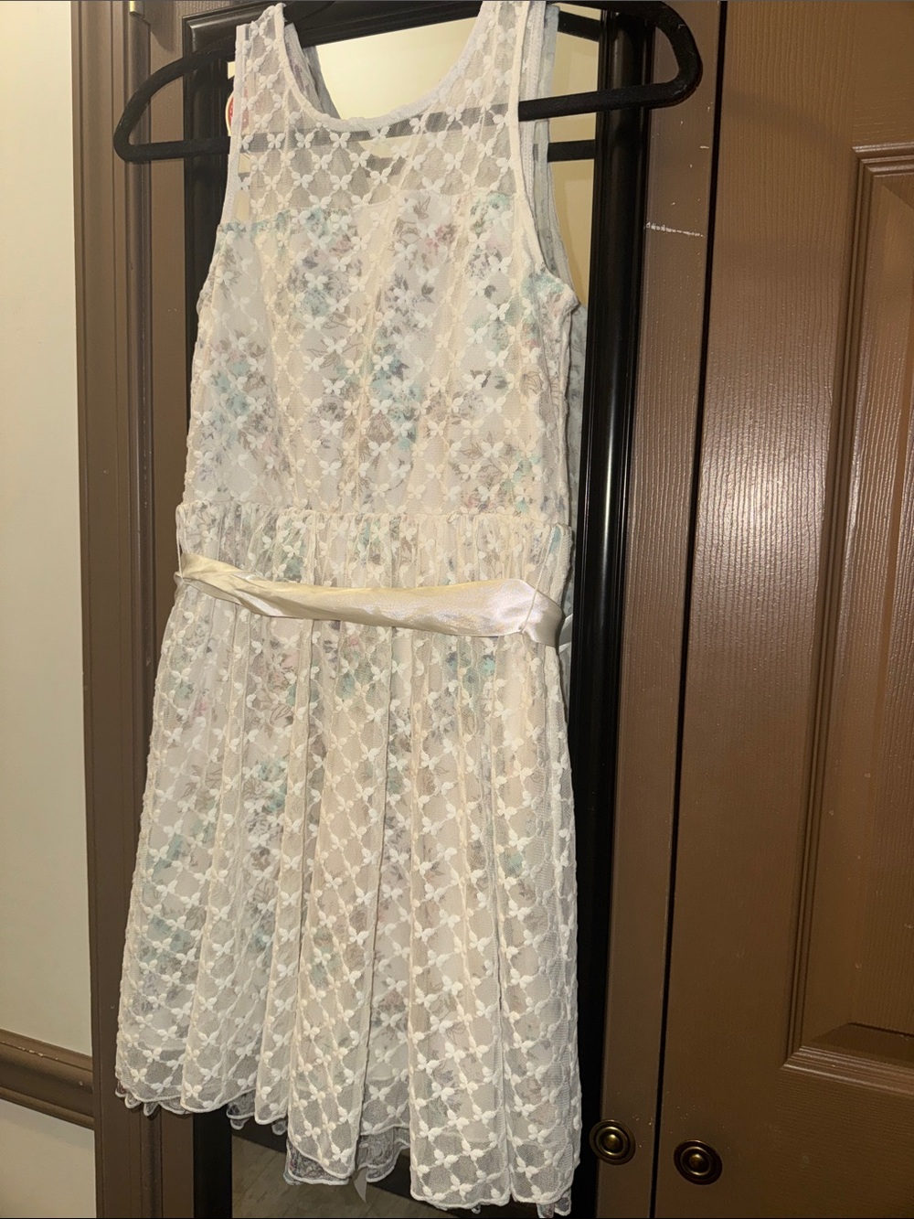 Girls Cream Lace Floral Overlay Formal Dress with Satin Sash